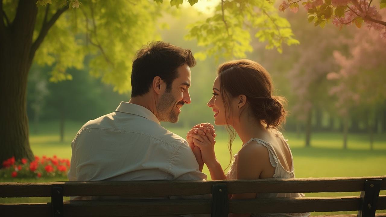 Couple amoureux assis sur un banc dans un parc verdoyant