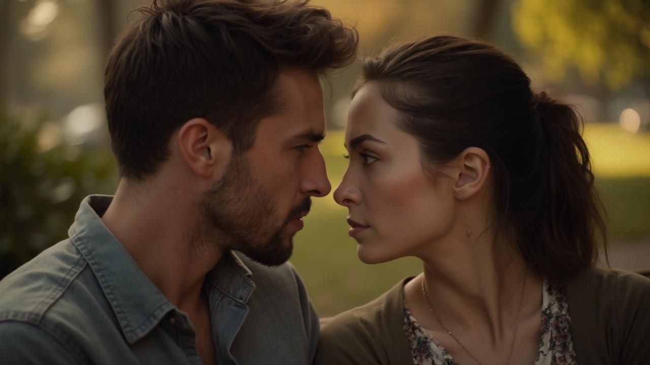 Un homme et une femme se regardent intensément, prêts à affronter l'inconnu ensemble.