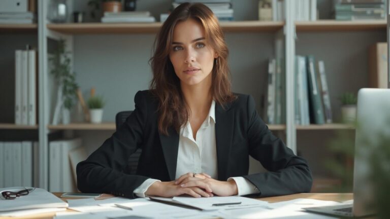 Femme en costume noir assise à son bureau, l'air réfléchi et concentrée