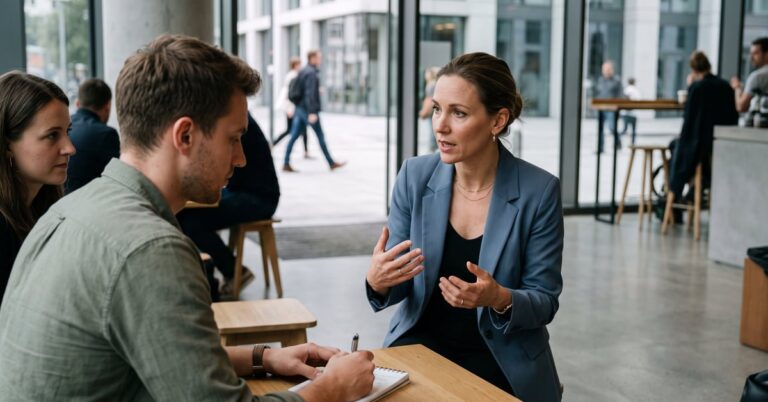 Séance de coaching séduction entre un coach et son client dans un cadre moderne et bienveillant
