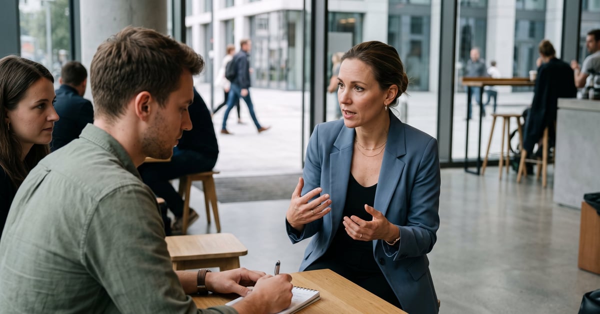 Séance de coaching séduction entre un coach et son client dans un cadre moderne et bienveillant