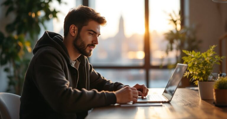 Personne utilisant un site de rencontre je contact.com sur smartphone dans un cadre moderne et naturel