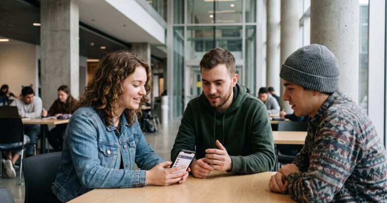 Jeunes adultes sur un site de rencontre jeunesse, consultant leurs smartphones dans un cadre moderne et décontracté