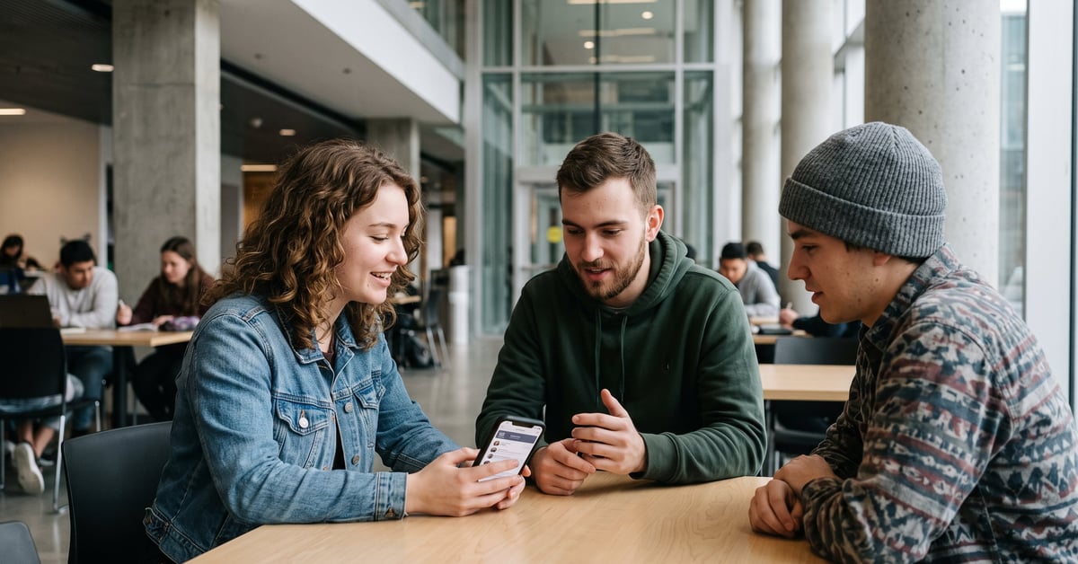 Jeunes adultes sur un site de rencontre jeunesse, consultant leurs smartphones dans un cadre moderne et décontracté