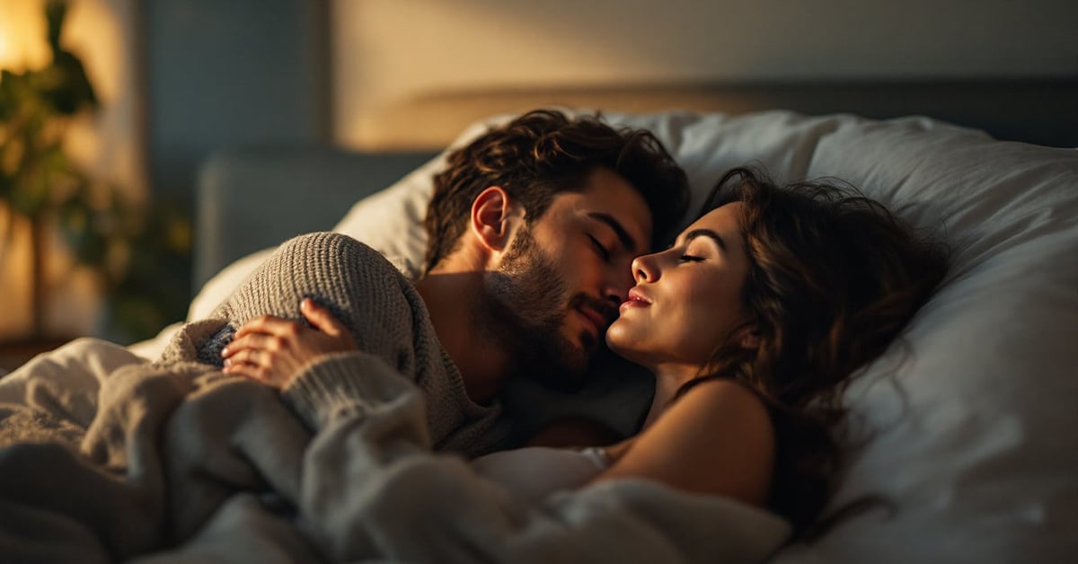 Couple endormi enlacé dans leur lit, illustrant les positions de sommeil et la relation amoureuse