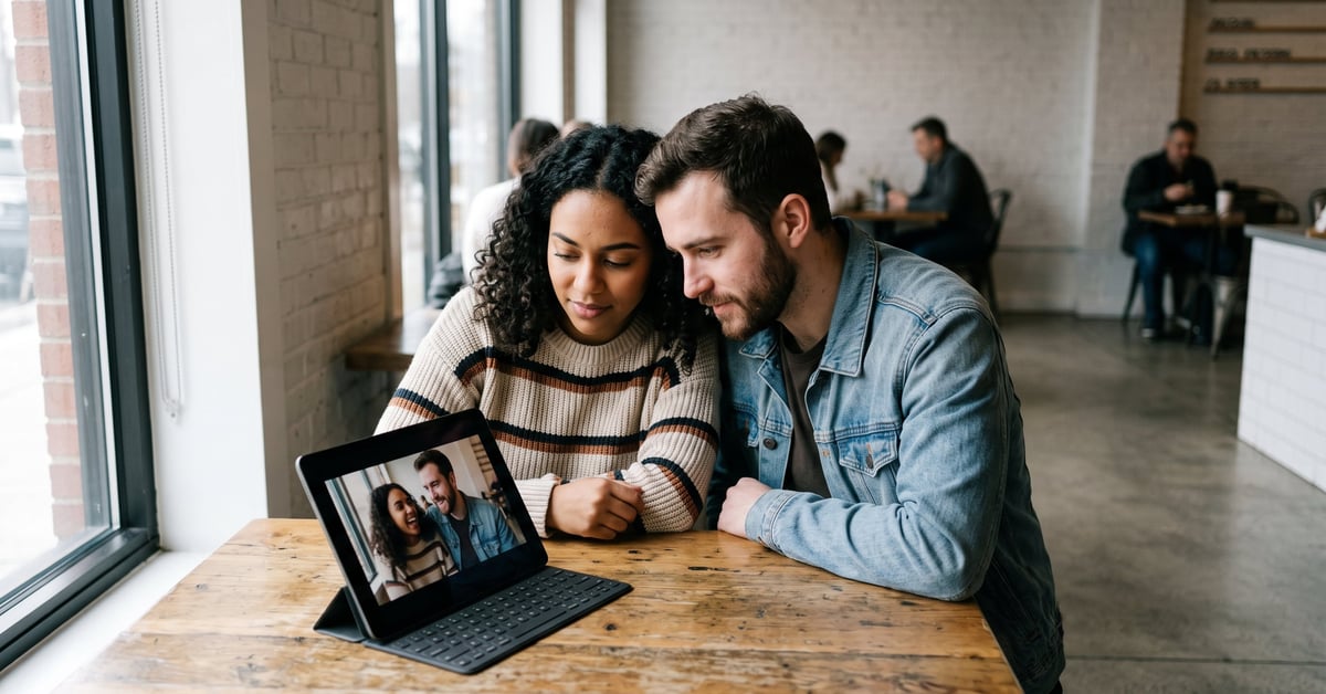 Couple regardant une vidéo sur leur relation amoureuse ensemble sur un écran