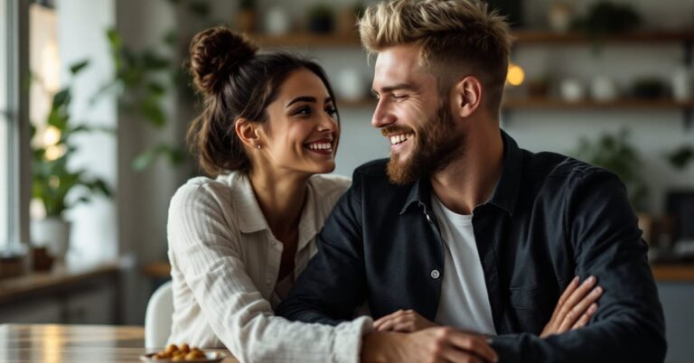 Couple complice partageant un moment de tendresse au quotidien – vie de couple