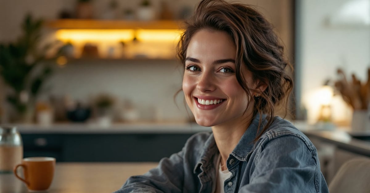 Belle-mère souriante dans un cadre familial moderne, lumière naturelle douce