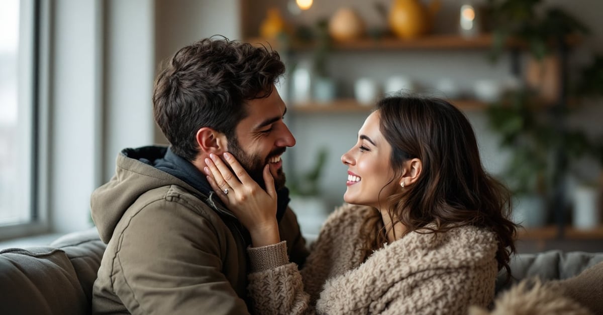Couple amoureux complice partageant un moment intime et authentique, illustrant une relation amoureuse solide