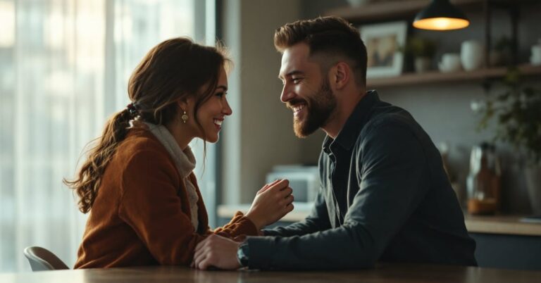 Couple regardant un test de compatibilité amoureuse ensemble, ambiance intime et moderne