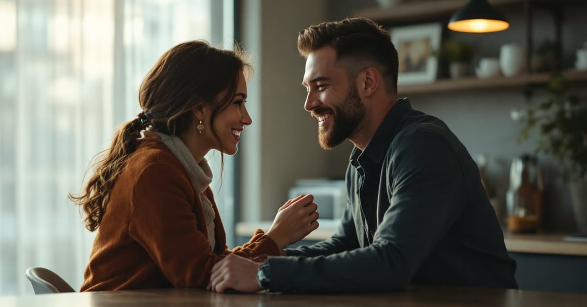Couple regardant un test de compatibilité amoureuse ensemble, ambiance intime et moderne